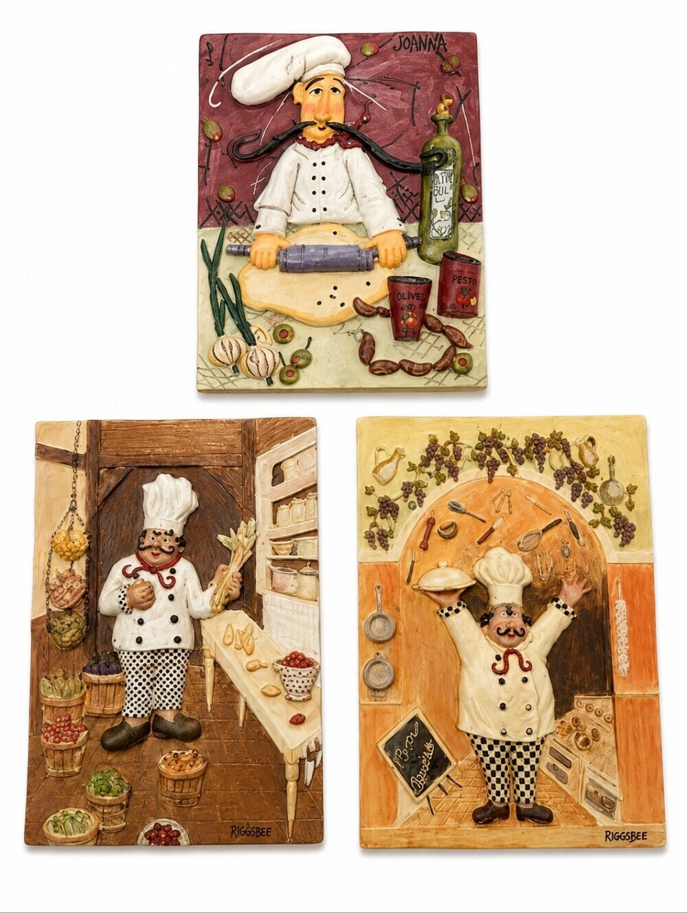 RIGGSBEE & JOANNA Set of Three Italian Bistro Chefs Kitchen Resin 3D Wall Tiles